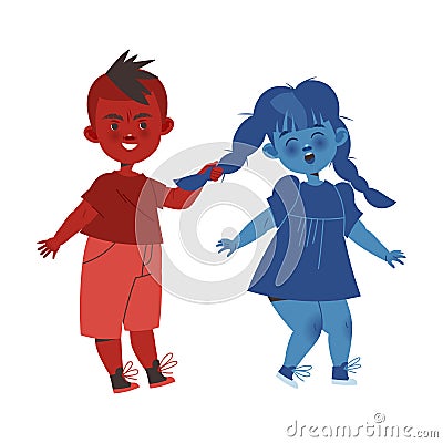 Boy Aggressor Pulling Braid of His Girl Victim Vector Illustration Vector Illustration