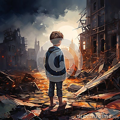 Boy alone among destroyed buildings, illustration Cartoon Illustration