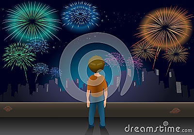 Boy alone at New Year Cartoon Illustration