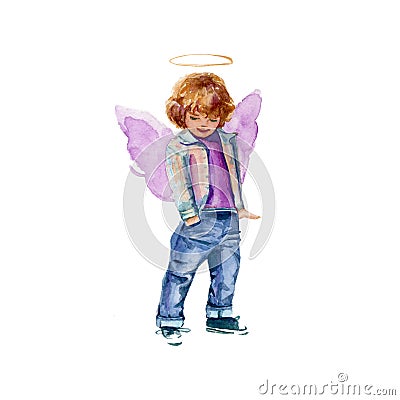 The boy is an angel in purple. isolated. Watercolor Stock Photo