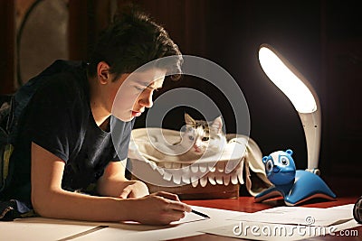 Boy architect student working on drafting project in night with cat in box beside Stock Photo