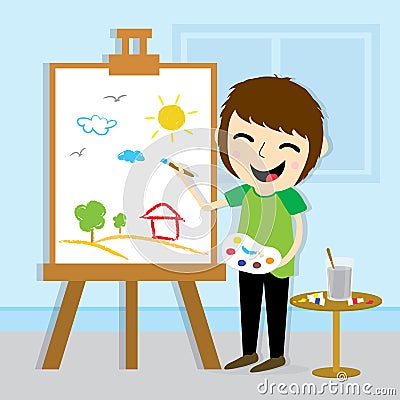 Boy Artist Drawing Cute Cartoon Vector Design Vector Illustration