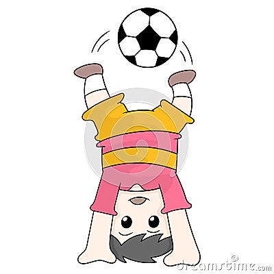 Boy athlete soccer doing headstand, doodle icon image kawaii Vector Illustration