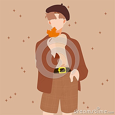 A boy in autumn clothes holds a yellow maple leaf near his head, a portrait of man without a face.Vector illustration Vector Illustration