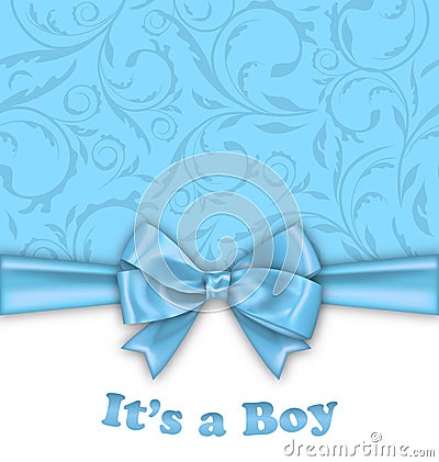 Boy Baby Shower Invitation Card with Blue Bow Vector Illustration