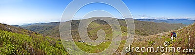 Boy backpacking, 180 degree pano Stock Photo