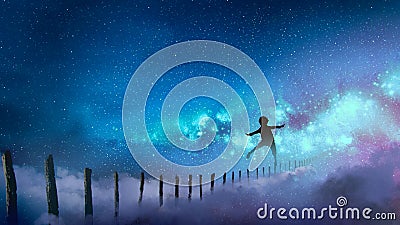 The boy balancing on wood sticks against the Milky Way Cartoon Illustration