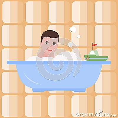 Boy in the bath. Bathroom. Happy childhood. Vector Vector Illustration