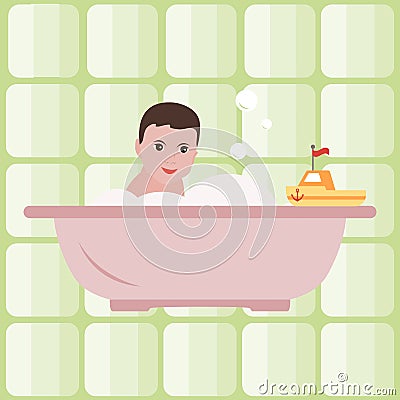 Boy in the bath. Bathroom. Happy childhood. Vector Vector Illustration