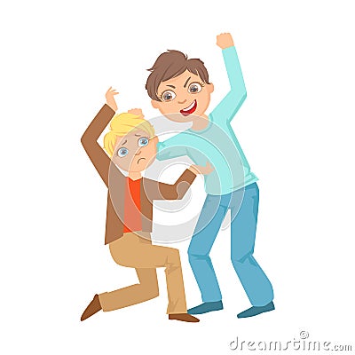 Boy Beating Up Smaller Kid Teenage Bully Demonstrating Mischievous Uncontrollable Delinquent Behavior Cartoon Vector Illustration