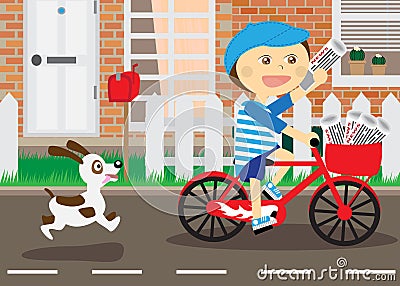 Boy on bicycle, messenger of newspapers Vector Illustration