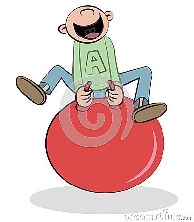 Boy in big red jumping ball Cartoon Illustration