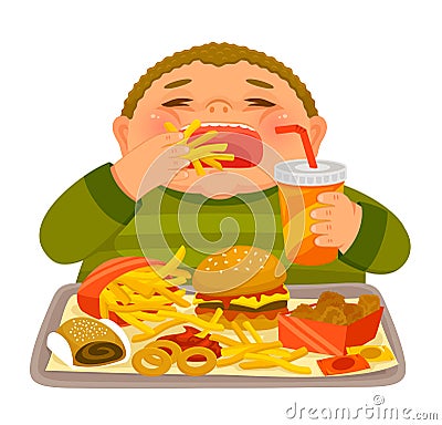 Boy binge eating junk food Vector Illustration