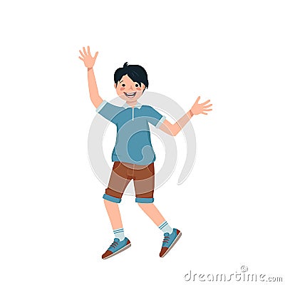 Boy with black hair, face in a shirt, shorts and sneakers smile. Happy kid spread his arms, hugs, dancing. A teenager in Vector Illustration