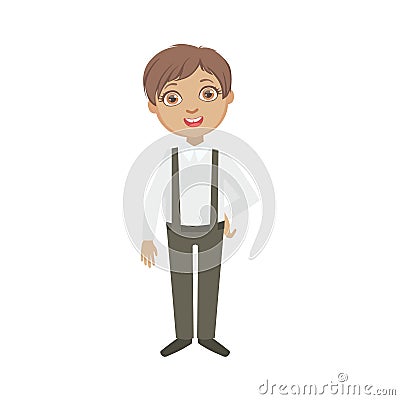 Boy In Black Pants With Suspenders Happy Schoolkid In School Uniform Standing And Smiling Cartoon Character Vector Illustration