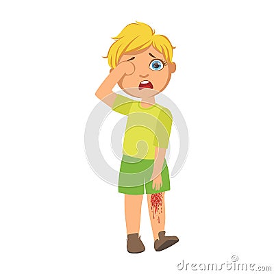 Boy With Bleeding Scratched Knee,Sick Kid Feeling Unwell Because Of The Sickness, Part Of Children And Health Problems Vector Illustration