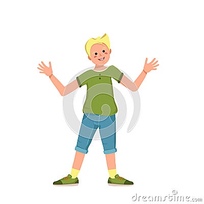 A boy with blond hair and face in a shirt, denim shorts and sneakers smile. Happy child hugs with his hands. Teenager in Vector Illustration