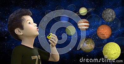 Boy Blowing Bubbles, Planets, Stars Stock Photo