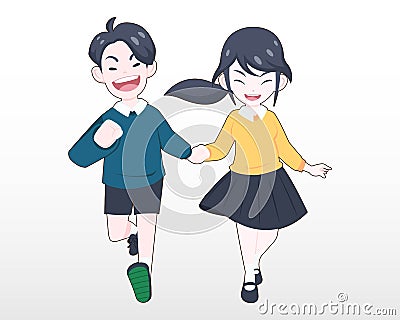 A boy in blue sweater hand holding a girl in yellow sweater illustration Vector Illustration