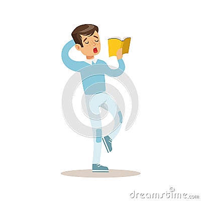 Boy In Blue Sweater Who Loves To Read, Illustration With Kid Enjoying Reading An Open Book Vector Illustration