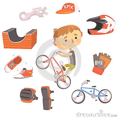 Boy BMX Bike Rider, Kids Future Dream Professional Occupation Illustration With Related To Profession Objects Vector Illustration