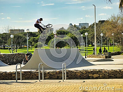 Boy on a bmx/mountain bike jumping in Barcelona, Spain Editorial Stock Photo