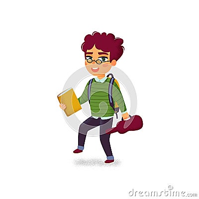 A boy with book, violin and backpack on white background. Music lessons. School of Music student. Elementary school Vector Illustration