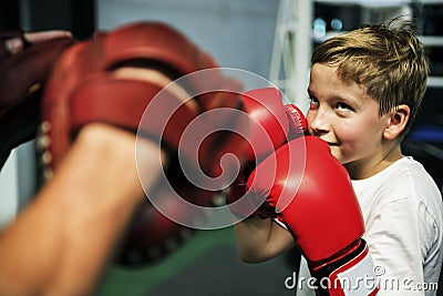 Boy Boxing Training Punch Mitts Exercise Concept Stock Photo