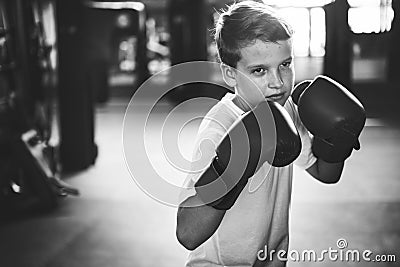 Boy Boxing Training Punching Bag Exercise Concept Stock Photo