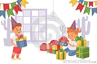 Boy brought gift box to girl in festive cap vector illustration. Birthday girl consider gifts, beautiful boxes with bows Vector Illustration