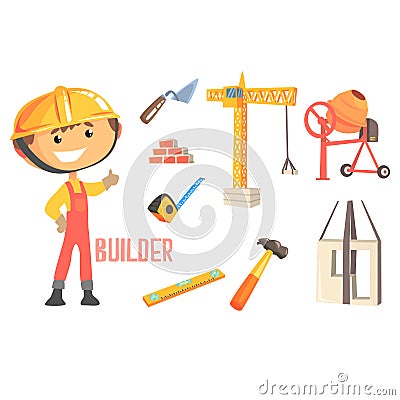 Boy Builder, Kids Future Dream Construction Worker Professional Occupation Illustration With Related To Profession Vector Illustration