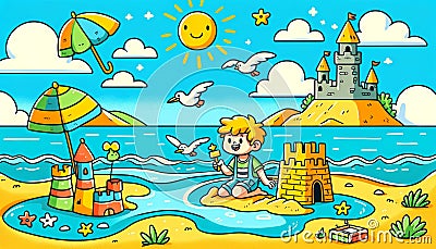 Boy Building Sandcastle on Beach Stock Photo