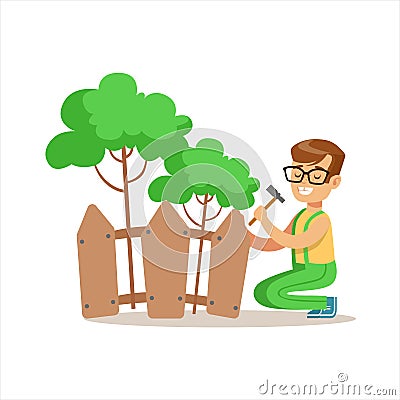 Boy Building Wooden Fence Around Plants Helping In Eco-Friendly Gardening Outdoors Part Of Kids And Nature Series Vector Illustration