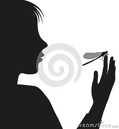 Boy and butterfly, try to catch butterfly, study the insect, silhouette scene, black and white story, entomology, Vector Illustration