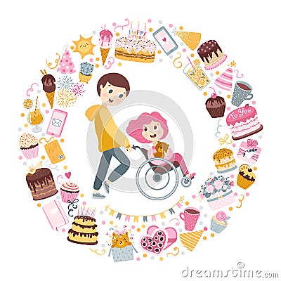 The boy carries the girl in a wheelchair. Friends, lovers. A circle made of festive elements. Friendly postcard. Cute Cartoon Illustration