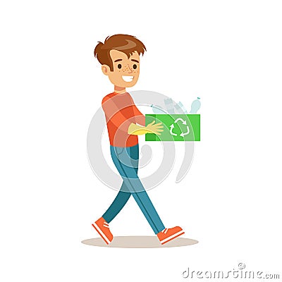 Boy Carrying Box Of Recycle Plastic Helping In Eco-Friendly Gardening Outdoors Part Of Kids And Nature Series Vector Illustration