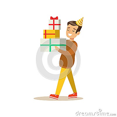 Boy Carrying Piled Presents , Kids Birthday Party Scene With Cartoon Smiling Character Vector Illustration