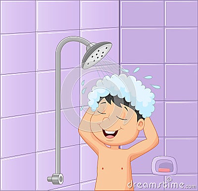 Boy cartoon in a bath room taking a shower Vector Illustration