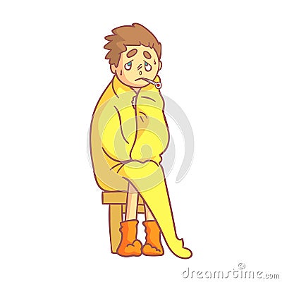 Boy caught flu, having high temperature sitting covered with a yellow blanket and holding a thermometer in his mouth Vector Illustration