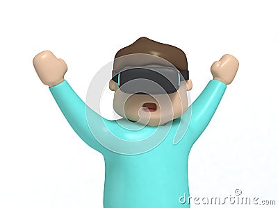 Boy character cartoon style hands up excited-funny with VR glasses technology video game concept 3d render Stock Photo