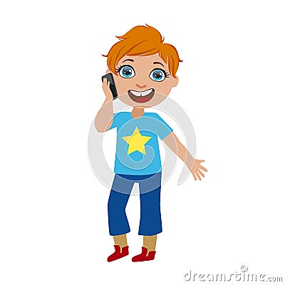 Boy Chatting On His Smartphone, Part Of Kids And Modern Gadgets Series Of Vector Illustrations Vector Illustration