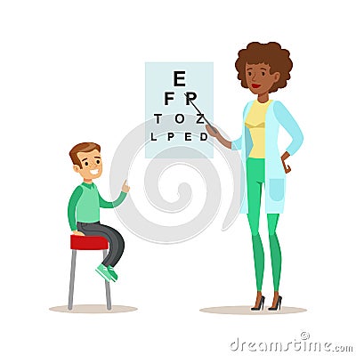 Boy Checkeing His Eyesight With Chart On Medical Check-Up With Female Pediatrician Doctor Doing Physical Examination For Vector Illustration