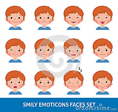 Boy child cute emoji, set smily emoticons faces Vector Illustration