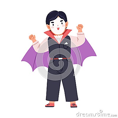 Boy child disguised in carnival costume of Dracula. Cute funny kid wearing Halloween party outfit, spooky clothes Vector Illustration