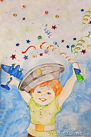 Boy child drawing happiness holiday joy party poppers crayons, gouache Stock Photo