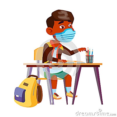 Boy Child With Facial Mask Study In School Vector Stock Photo