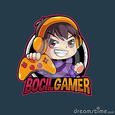 boy child gamer mascot logo illustration hand draw Vector Illustration