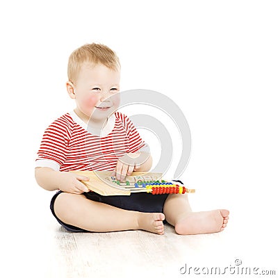 Boy child happy with abacus, smart little kid study lesson, educ Stock Photo