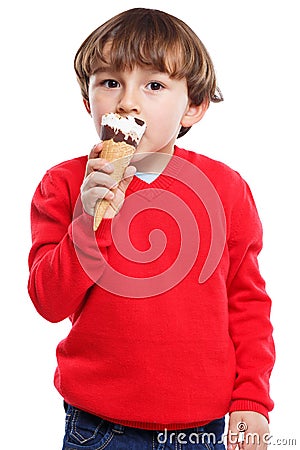 Boy child kid eating licking ice cream summer portrait format is Stock Photo