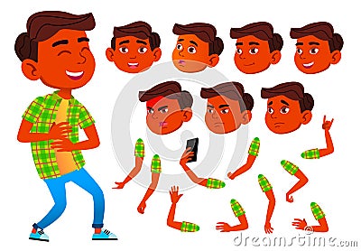 Boy, Child, Kid, Teen Vector. Indian, Hindu. Asian. Schoolchild. Lecture. Face Emotions, Various Gestures. Animation Vector Illustration